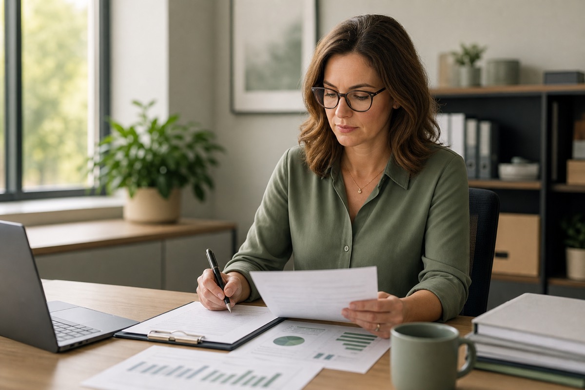 Compliance reviewer calmly examining charts and a checklist at a tidy desk