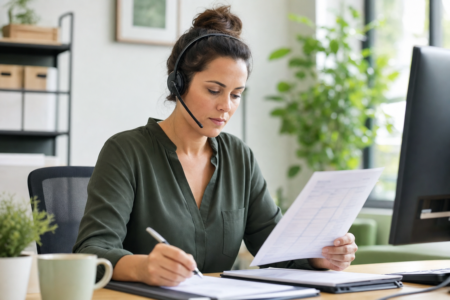 Denials specialist with a headset reviewing an insurance claim and writing notes
