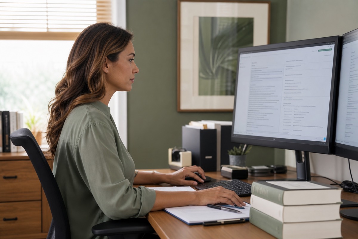 Certified medical coder reviewing a clinical chart on a monitor with coding references nearby