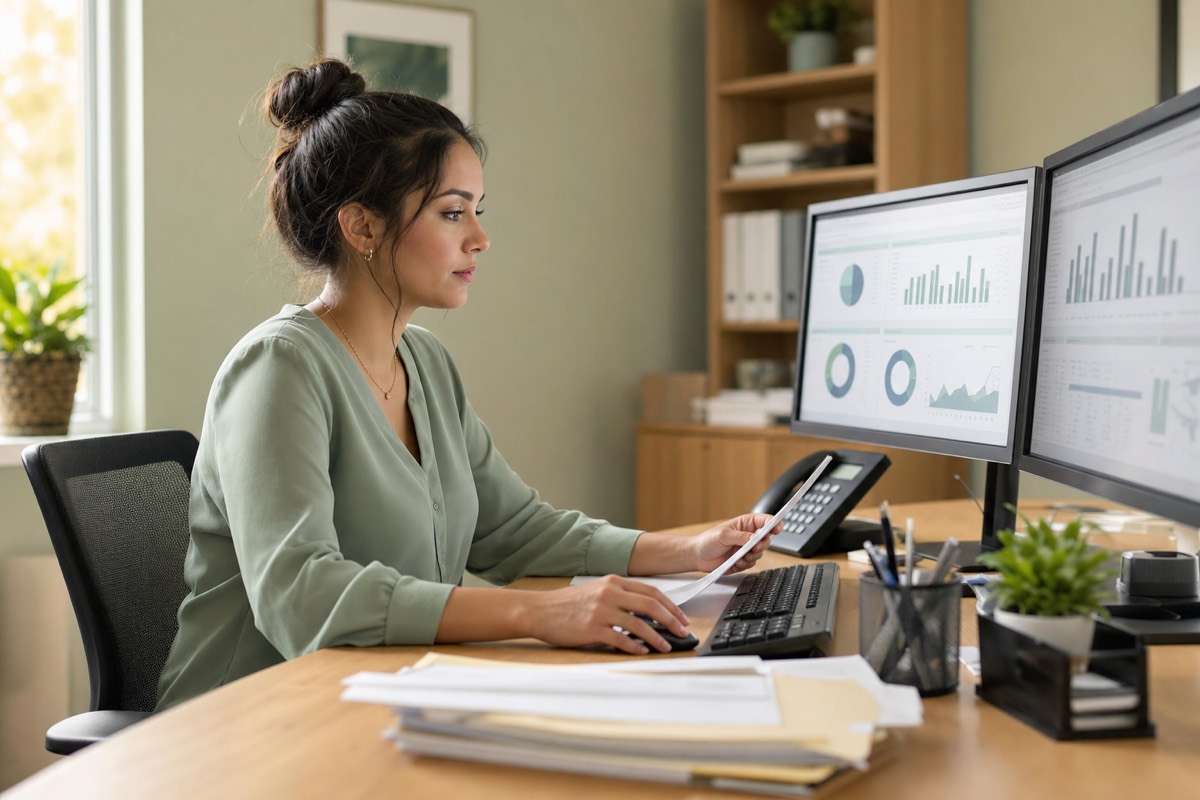 Revenue cycle specialist reviewing claims and analytics on dual monitors in a bright office