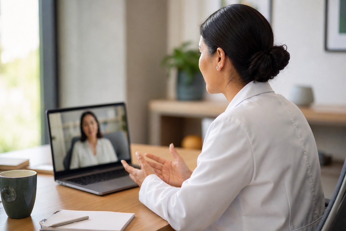 Clinician conducting a telehealth video visit on a laptop in a bright office