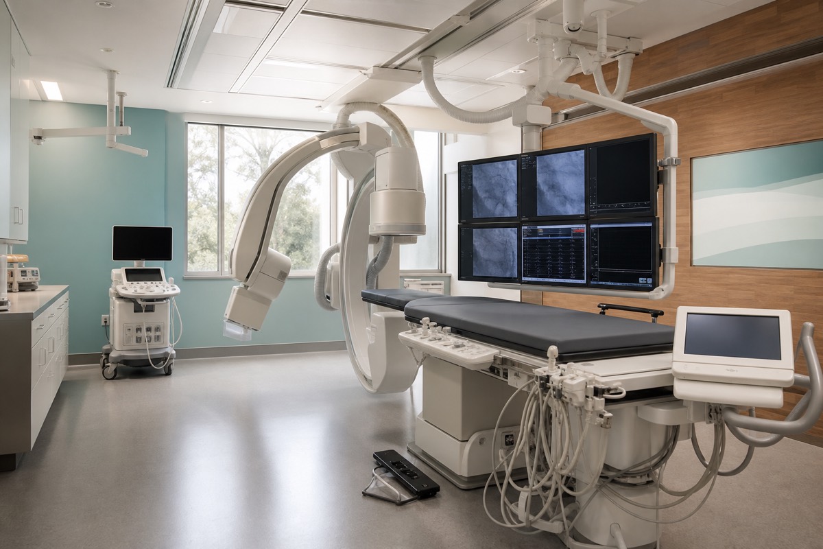 Clean modern cardiac catheterization and imaging procedure room with monitors