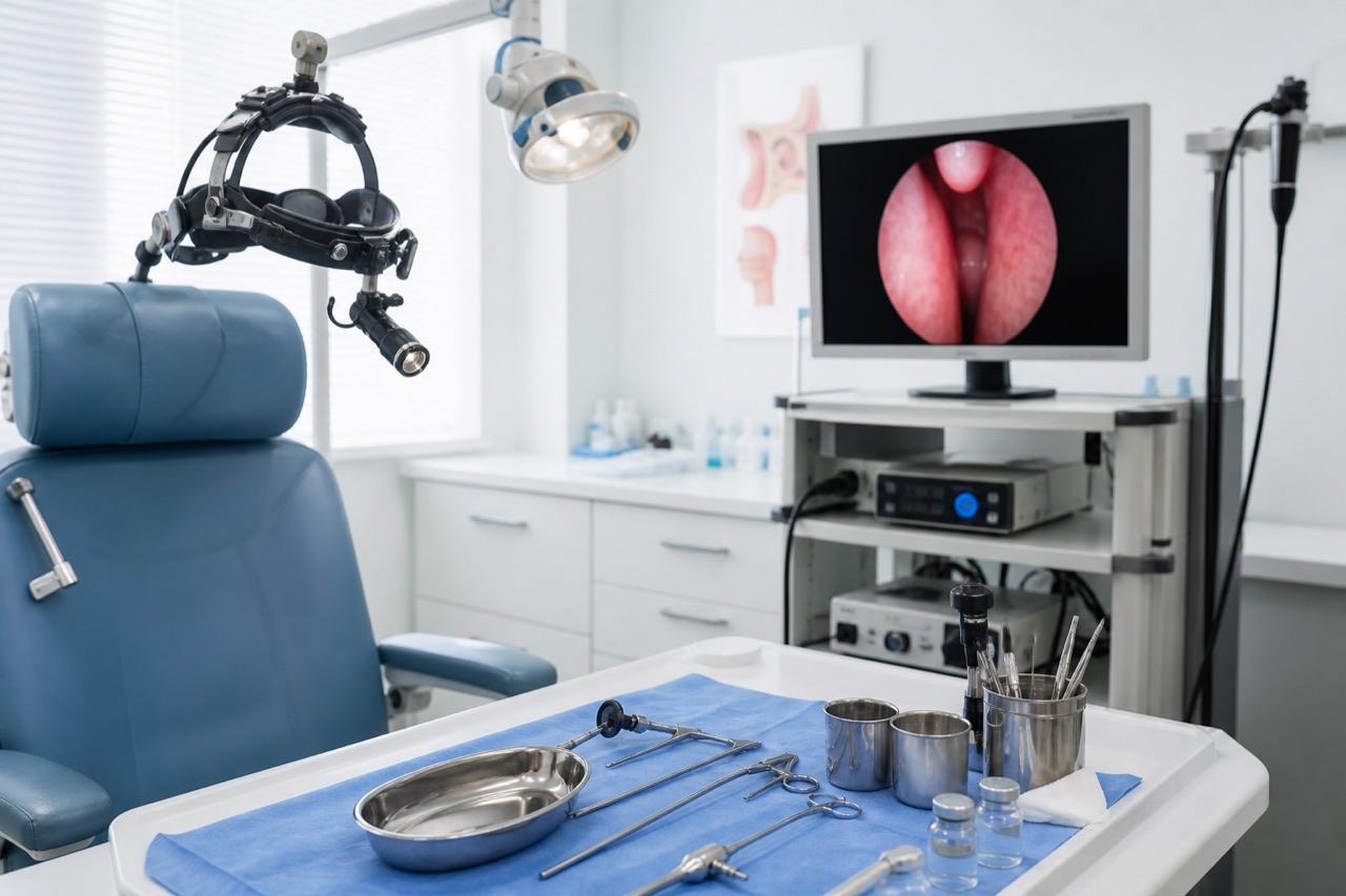 ENT exam room with headlamp, nasal speculum tray, and endoscope system
