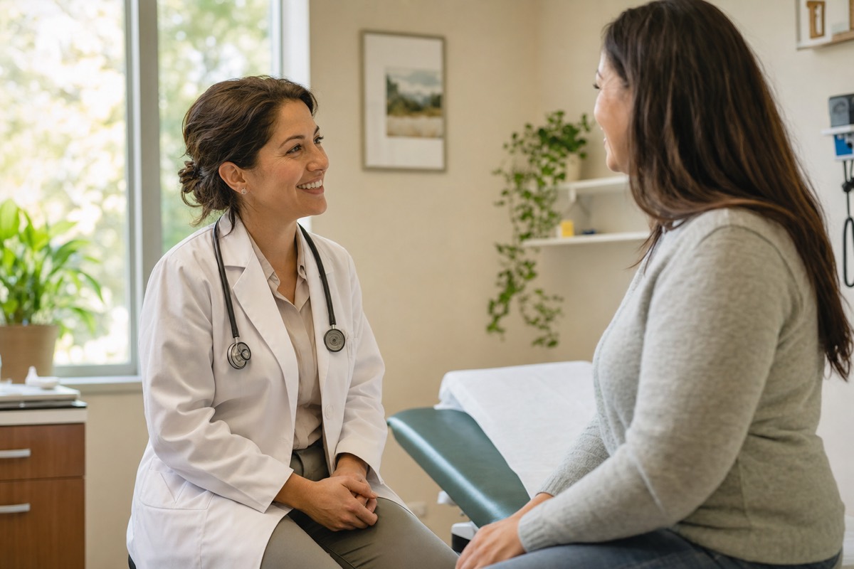 Family medicine physician talking warmly with an adult patient in a bright exam room