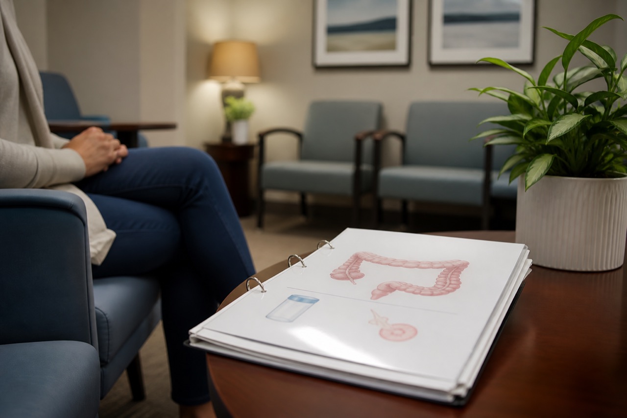 Patient education area with colonoscopy prep instructions and calm waiting-room seating