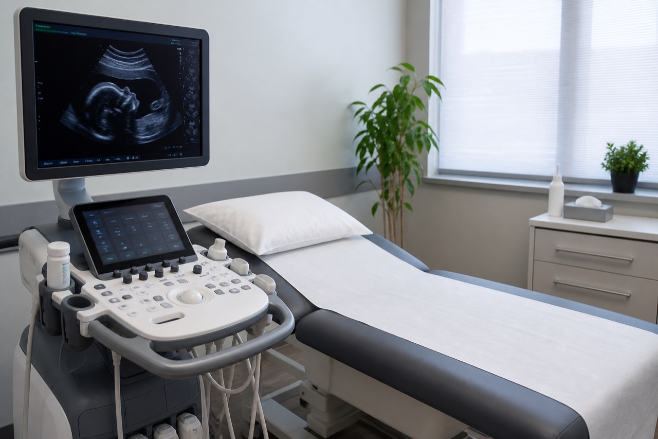 Ultrasound room with modern scanner console and exam table prepared for obstetric imaging