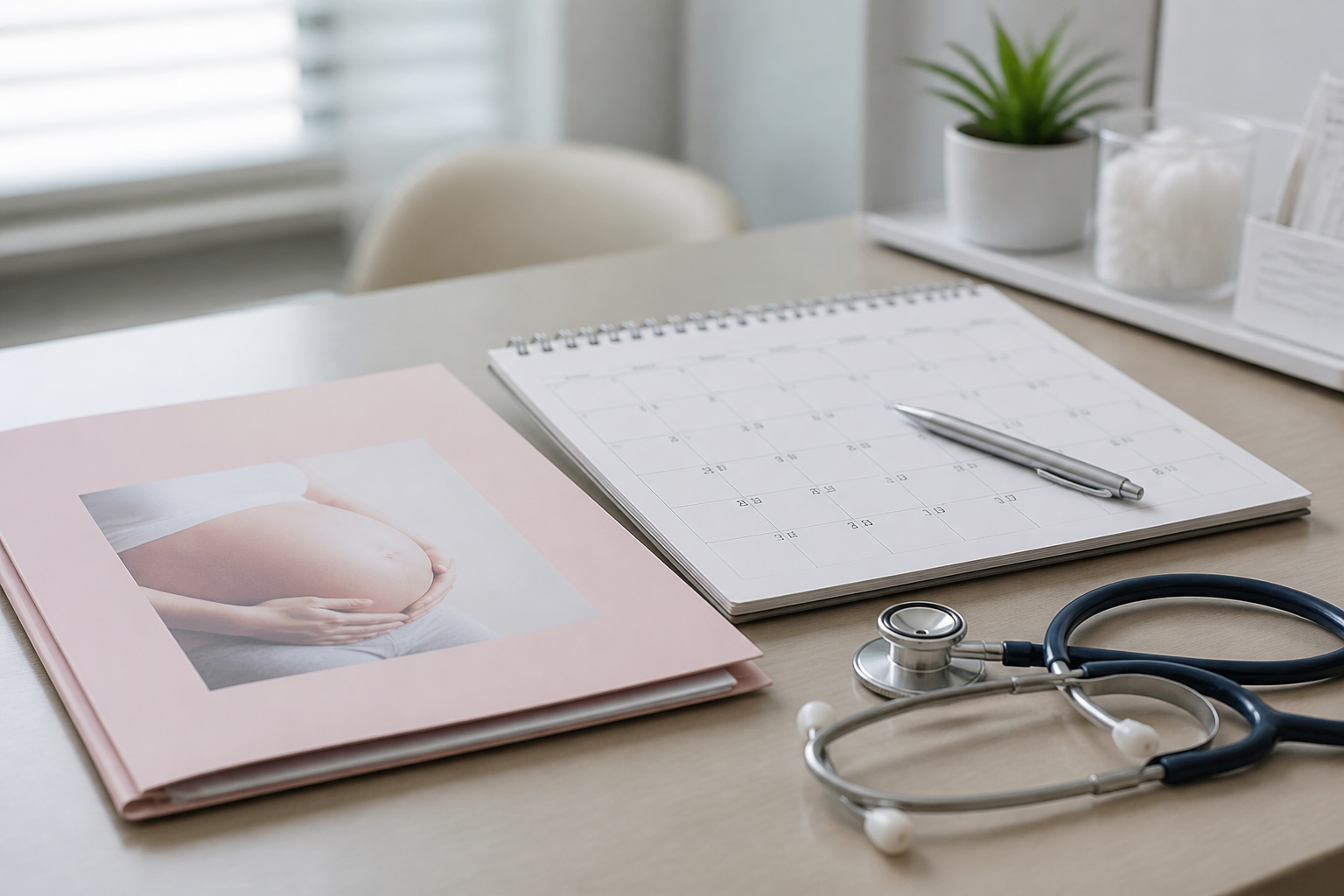 Calm prenatal care desk with calendar planner, patient education folder, and stethoscope