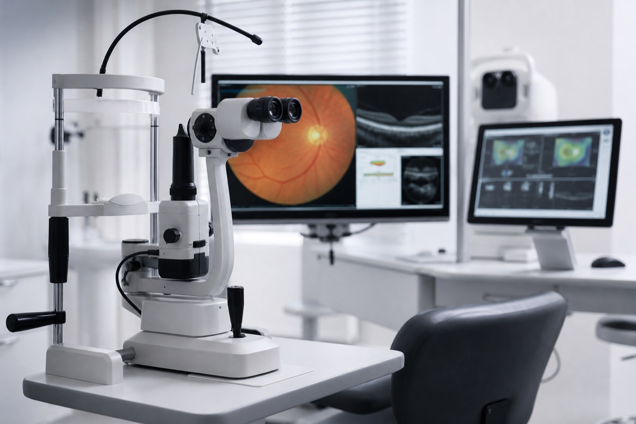 Ophthalmology lane with slit lamp and diagnostic imaging screens in a bright eye clinic