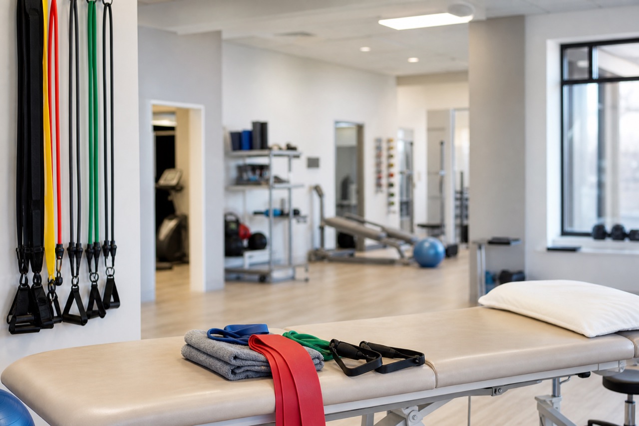 Physical therapy and orthopedic rehab space with resistance bands and treatment table