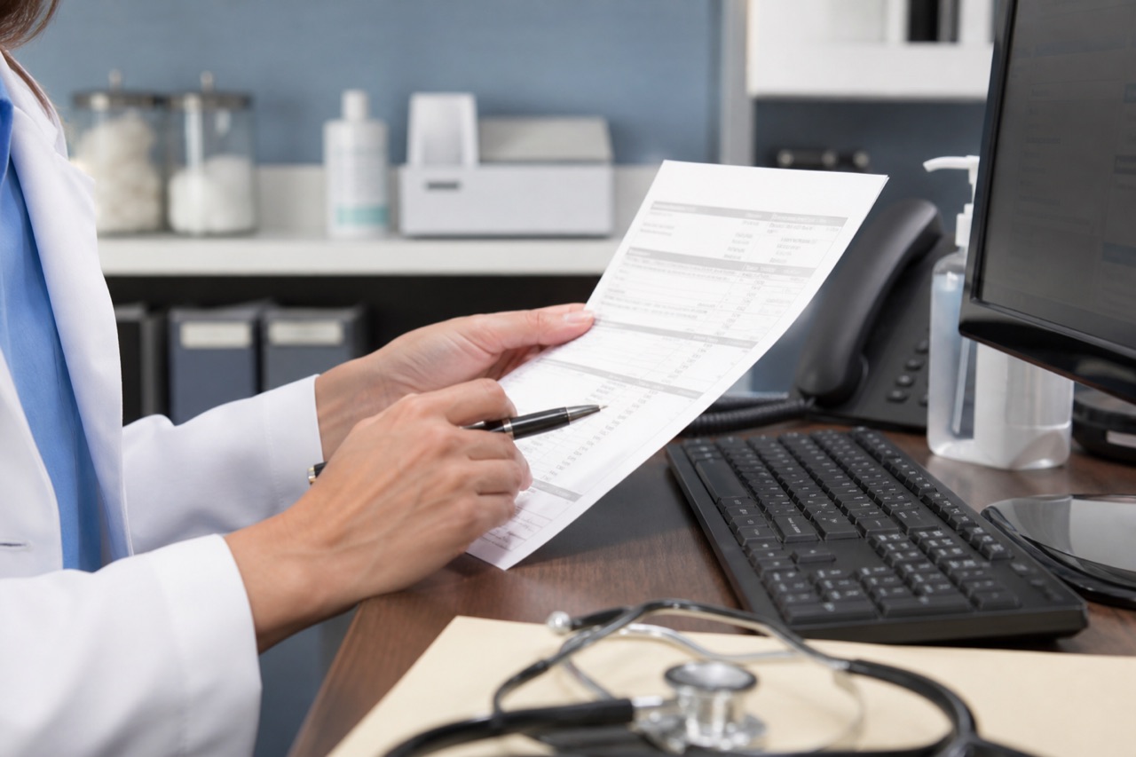 Clinician reviewing pain procedure authorization paperwork beside a workstation