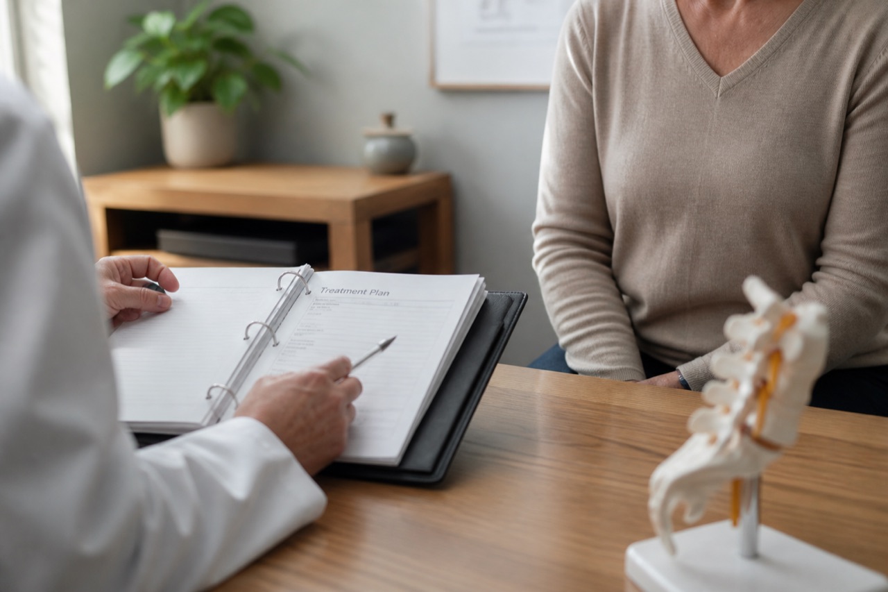 Quiet consultation room for chronic pain follow-up with treatment plan binder on desk