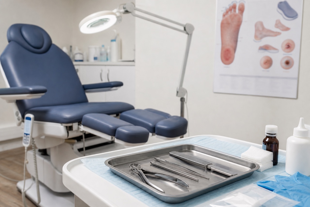 Podiatry treatment chair with foot exam instruments and diabetic foot education poster